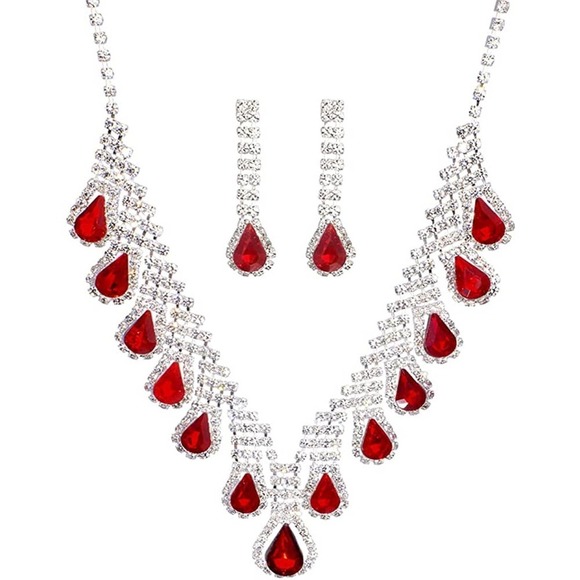 Crystal Teardrop Cluster Statement Necklace Dangle Earrings Jewelry Set Bridal - Picture 3 of 6